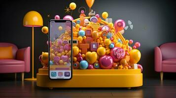 en telefon med en knippa av färgrik ballonger på topp. ai genererad foto