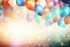 färgrik ballonger med bokeh bakgrund, födelsedag firande bakgrund foto