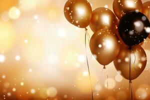 gyllene ballonger med gyllene bokeh bakgrund, födelsedag firande bakgrund foto