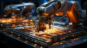 industriell robotar svetsning metall på en maskin. ai genererad foto