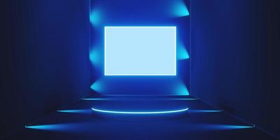 abstrakt neonblå bakgrund piedestal, stå pallen i rummet med spotlight blå färg mörkblå