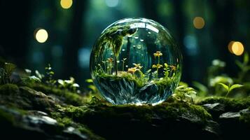 grön växter och träd i en glas sfär. de begrepp av miljö- skydd och grön miljövänlig ekonomi. ai genererad foto