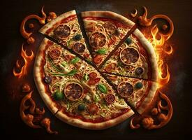 varm gott pizza med brand lågor på mörk bakgrund. bild för meny eller affisch. ai generativ foto