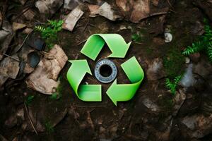 återvinning begrepp. återvinning symbol på natur bakgrund. en återvinning tecken med en grön knapp den där, noll avfall, återanvändning begrepp, ai genererad foto