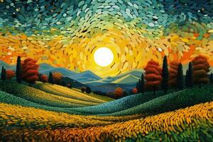färgrik höst landskap med kullar, träd och Sol illustration. en pointillism målning av en landskap. digital konst illustration, ai genererad foto