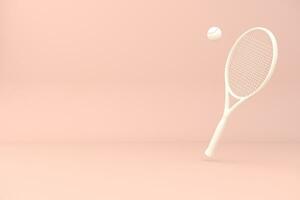 vit tennis racket och boll på rosa bakgrund 3d framställa. minimal begrepp. foto