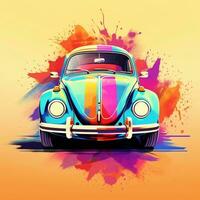 platt design av ett retro , Volkswagen skalbagge, färgrik nyanser, i hög grad detaljerad, vektor bild generativ ai foto