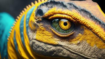 dinosaurie öga, närbild gul öga av de dinosaurier med skrämmande. dinosaurie jägare är stirrande med fruktansvärd gul öga foto
