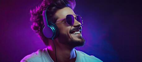 man dans och lyssnande till musik med hörlurar dj s lycka och leende hipster livsstil lila bakgrund med neon lampor rum för text foto