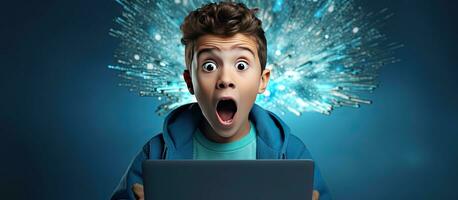 en överraskad Tonårs pojke innehar ett öppen bärbar dator föreslår ett pedagogisk begrepp med en blå studio bakgrund foto
