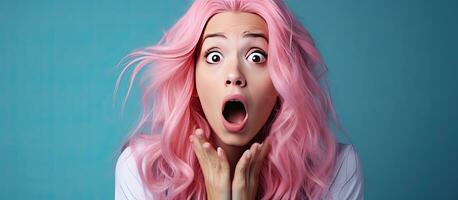 en chockade flicka i en eleganta rosa topp och rosa hår stående på en blå bakgrund händer över henne ansikte främja en docka trend foto