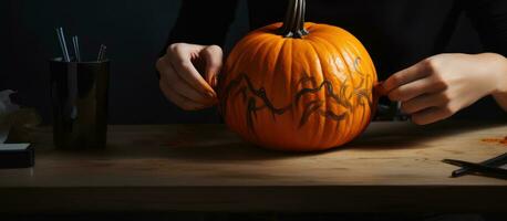 caucasian kvinna händer teckning halloween pumpa med svart bläck markör foto