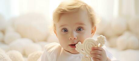 tandsprickning bebis med leksaker på en bomull säng barn s artikel tömma Plats foto