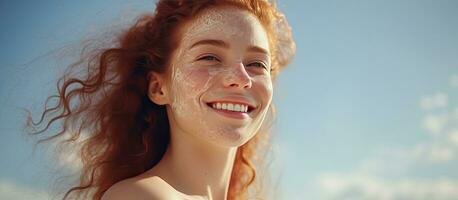 skön ung kvinna med hud inflammationer leende på en solig dag kopia Plats foto