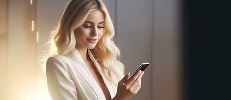 blond ung kvinna använder sig av smartphone innehav cell telefon kopia Plats för baner design begrepp foto