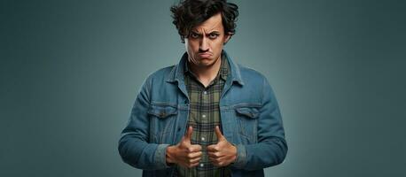 missnöjd ung amerikan man bär denim jacka på blå bakgrund med rum för text foto