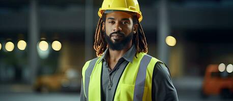 allvarlig afrikansk manlig ingenjör med skägg och dreadlocks bär säkerhet redskap stående för porträtt utomhus kopia Plats tillgängliga foto