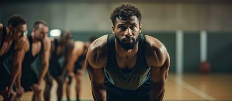 manlig basketboll spelare uppvärmningen upp på de Gym kopia Plats sport samhörighet och livsstil oförändrad foto