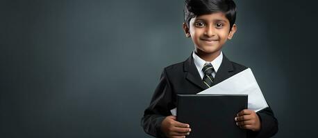 Lycklig indisk pojke bär skola enhetlig i primär skola med en svart skiffer idealisk för reklam Produkter eller tjänster foto