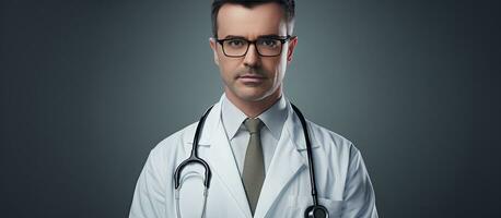 allvarlig läkare i vit täcka och glasögon ser på kamera på isolerat grå bakgrund Plats för hälsa text foto