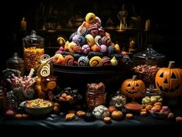 halloween bakgrund med massor av sötsaker och godis foto
