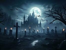 läskigt bakgrund med halloween slott i en kyrkogård foto