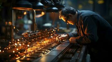 en man arbetssätt på en maskin i en fabrik. ai genererad foto