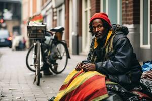 hemlös man sover på de trottoar i de belgien dölja Bakom de belgisk flagga foto