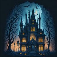 fantastisk svart slott. halloween scen Skräck bakgrund med läskigt pumpor av läskigt herrgård med halloween fladdermöss. ondska hus på natt. foto