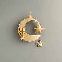 söt 3d guld halvmåne, stjärna, podium och liten moské illustration. eid mubarak muslim dekoration. ai genererad foto