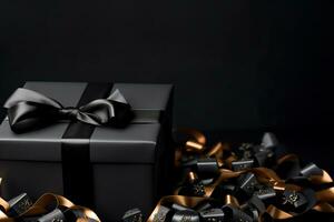 svart gåva låda på svart bakgrund med tömma Plats för text. foto