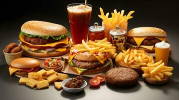 snabb mat och drycker på en tabell med en hamburgare, pommes frites, kyckling, och soda. ai genererad foto