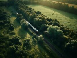 ett antenn se av en tåg godkänd genom en frodig landsbygden generativ ai foto
