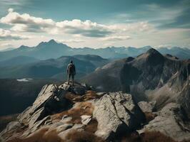 en naturskön berg landskap med en vandrare stående på en klippig topp generativ ai foto
