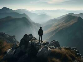 en naturskön berg landskap med en vandrare stående på en klippig topp generativ ai foto