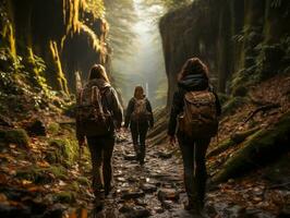 en grupp av olika vänner vandring genom en tät skog generativ ai foto