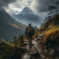 en backpacker stigande en brant berg spår generativ ai foto