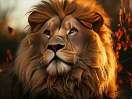 en lejon i de savann på solnedgång, manlig lejon, kung av de vildmark generativ ai foto