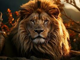en lejon i de savann på solnedgång, manlig lejon, kung av de vildmark generativ ai foto