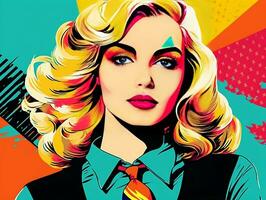 färgrik pop- konst retro stil Söt blond ung företag kvinna generativ ai foto