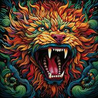 färgrik vild majestätisk lejon huvud illustration, psychedelic lejon ClipArt ai genererad foto