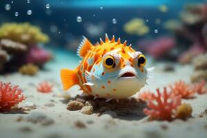 ai generativ söt färgrik rolig puffer fisk porträtt på de botten av de hav bakgrund design, tapet foto