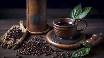 ai generativ begrepp, produkt presentation av caffe bönor och caffe kopp på trä- tabell foto