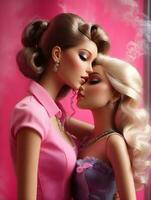 ai generativ lesbisk barbie docka kissing annan barbie docka på rosa bakgrund foto