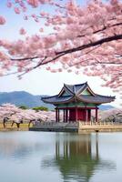 de Gyeongbokgung tempel i korea med höstlig. generativ ai foto