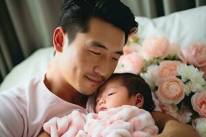 ung asiatisk far med hans nyfödd dotter. generativ ai foto