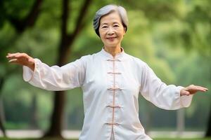 pensionerad asiatisk kvinna praktiserande tai chi chuan på parkera. generativ ai foto