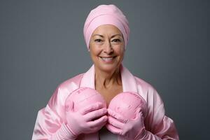 vuxen kvinna redo till bekämpa mot bröst cancer. generativ ai foto