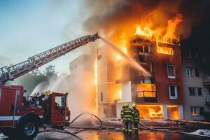 brand försäkring, byggnad brand i de stad. generativ ai foto