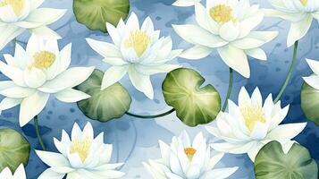 sömlös mönster av vatten lilja blomma i vattenfärg stil isolerat på vit bakgrund. vatten lilja blomma textur bakgrund. generativ ai foto